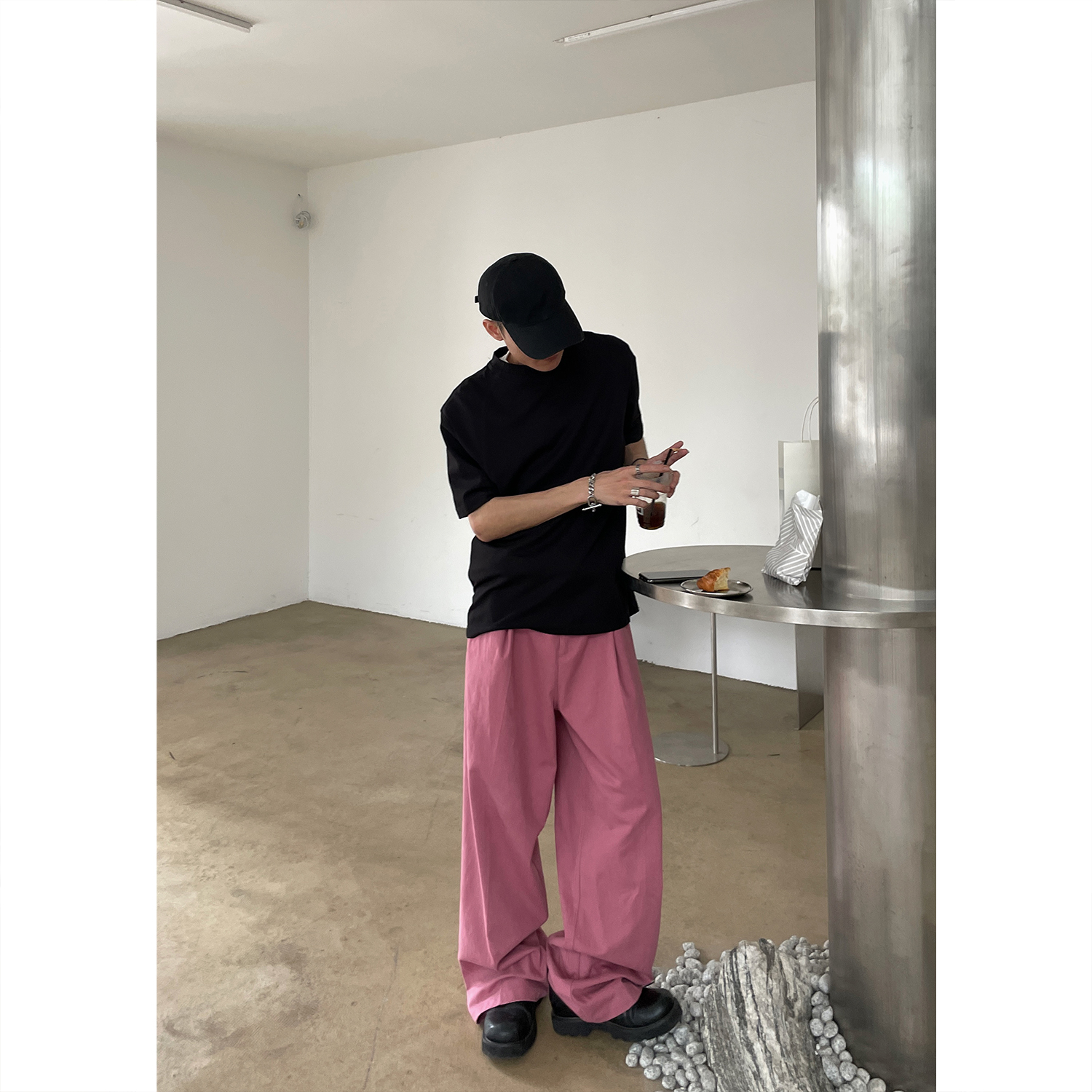 ZINGUP美式复古中高腰休闲裤男秋季宽松粉色拖地长裤直筒阔腿裤子