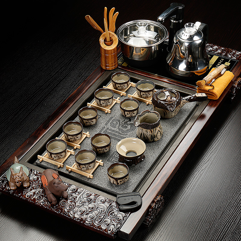 Back on tea set purple sand pottery and porcelain of a complete set of ice to crack kung fu tea set four unity electric magnetic furnace solid wood tea tray