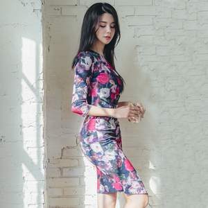 Korean fashion elegant print show thin package hip dress