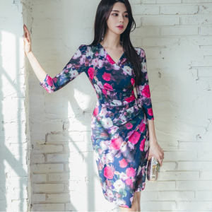 Korean fashion elegant print show thin package hip dress