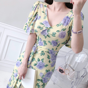 Summer and Korean fashion elegant temperament show thin lace up print bottom dress