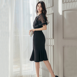 Spring and summer new Korean fashion elegant temperament fishtail lotus collar sexy dress