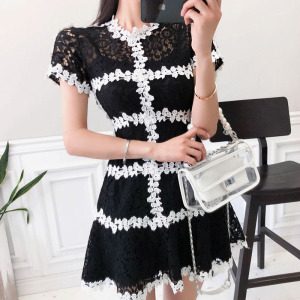 Summer fashion celebrity temperament hollow lace lace two piece A-line dress with sling