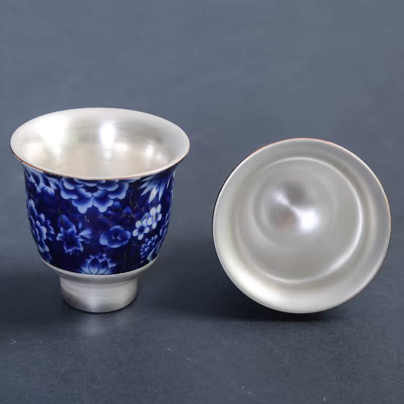 Pure manual coppering. As silver, blue and white porcelain cups with silver sample tea cup kung fu tea set 999 sterling silver master cup single cup, small cup