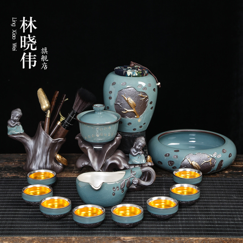 Tasted silver gilding the lazy brother up with tea set kung fu tea set household ceramic purple sand tea cups all semi - automatic tea POTS