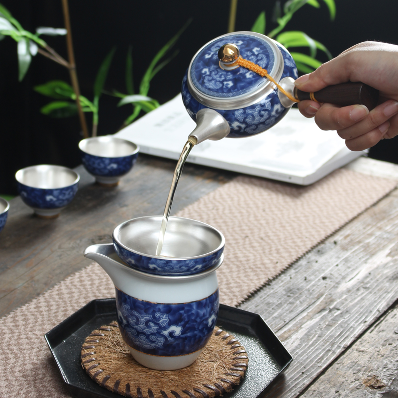 Jingdezhen blue and white porcelain tea set suit Japanese household silver ceramic kung fu tea set side of a complete set of the pot of tea cups