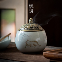 Slow-tuned Ru kiln hollow incense burner indoor agarwood tranquilizing Buddha ceramic antique aromatherapy small ornaments tea ceremony accessories