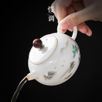 Slow-toned defied ceramic teapot goat fat jade hand painted green flower bubble teapot single small pot home filter tea making single pot