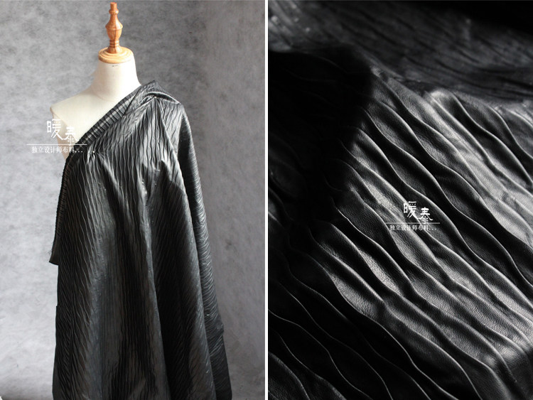 立体压褶波浪褶皱肌理皮革皮料 服装外套皮衣裤造型创意设计面料