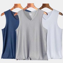 Grid Vest Men Ice silk Summer V collar thin Breathable Elastic Tight Body wide shoulder Youth Grid No Mark Male Vest