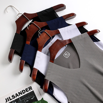 Mens grid vest sleeveless and cool in summer ice and thin ice silk mens breathable vest speed dry hollowed out