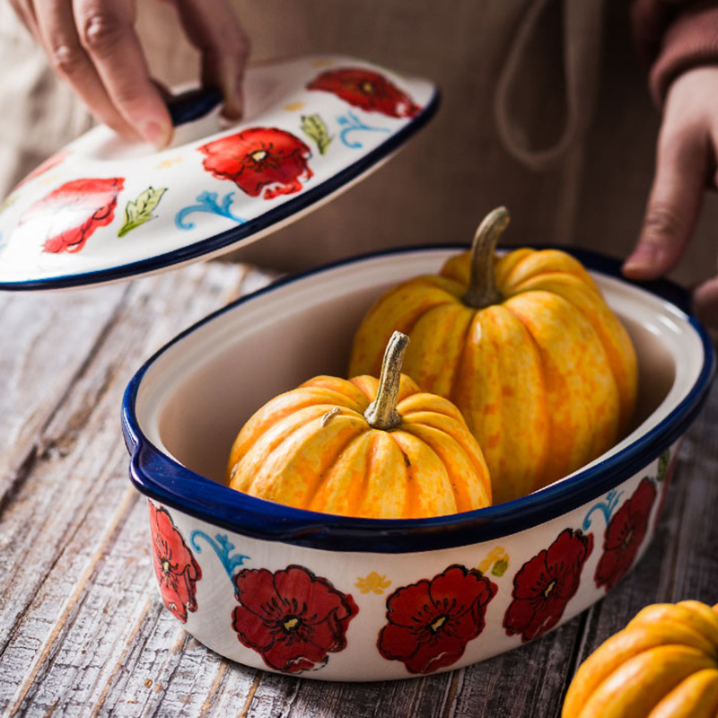 Japanese household with cover oval cheese baked food oven baked FanPan hand - made safflower ceramic pan bowl of my ears