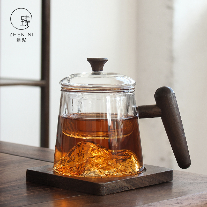 By mud glass office of large capacity hot water cup home tea cup with wooden handle, filter mark cup with cover