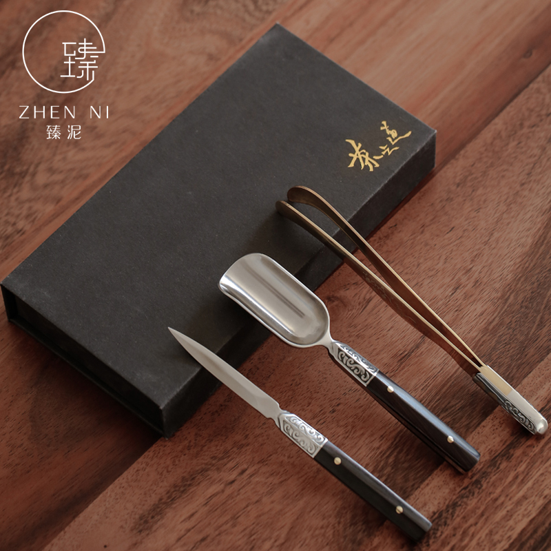 By mud knife three - piece tea "Damascus steel teaspoons ChaGa TSP tea ebony 6 gentleman accessories