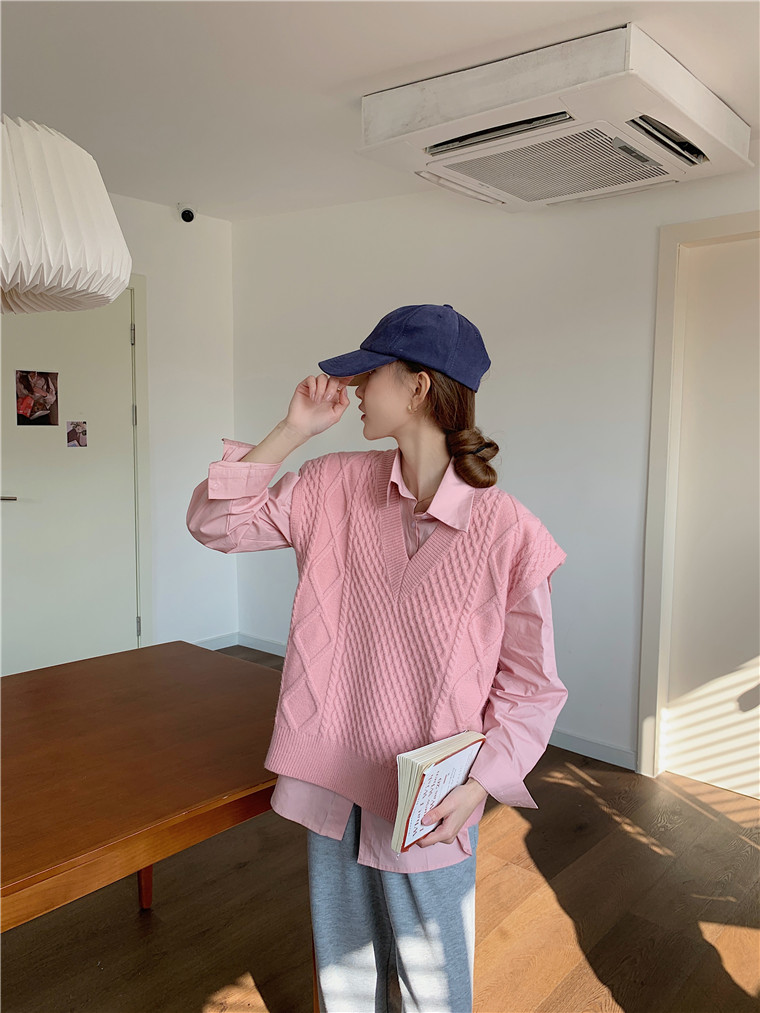 8635 实拍新款 纯色翻领单排扣衬衫 v领保暖麻花马甲