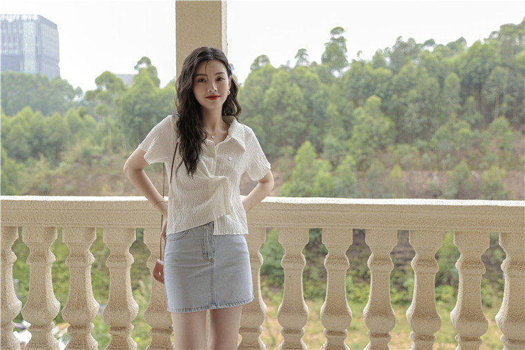 8769 实拍夏装 气质褶皱设计感简约双排扣polo领复古法式衬衫