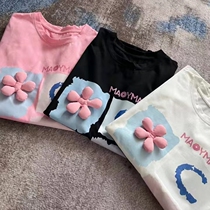 Summer new ice cream three-dimensional flower round neck all-match Korean short-sleeved loose mid-length cotton T-shirt womens tide