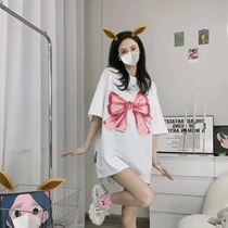 2022 summer new plus size womens pink bow oversize short-sleeved T-shirt womens cotton top trendy