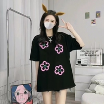 2022 summer new large size womens clothing personality simple strokes flower oversize short-sleeved T-shirt womens cotton top