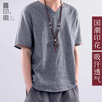 Old Indian men's t-shirts short-sleeved suits Chinese style retro leisure and loose cotton linen tide tide shimsu tops