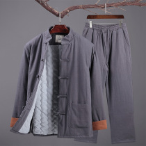 Winter mens Tang suit thickened cotton coat suit Chinese style dad jacket Middle-aged vintage cotton linen Hanfu quilted jacket
