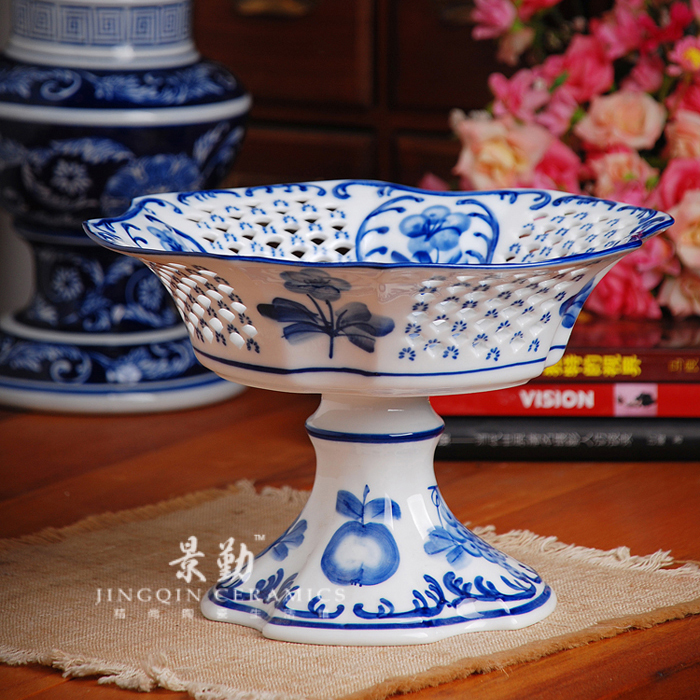 Blue and white fruit bowl 342 JingQin ceramic hollow out process hand - made fruit basket of fruit basin high fruit tray