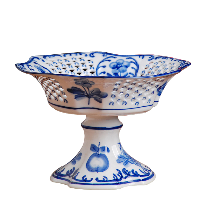 Blue and white fruit bowl 342 JingQin ceramic hollow out process hand - made fruit basket of fruit basin high fruit tray