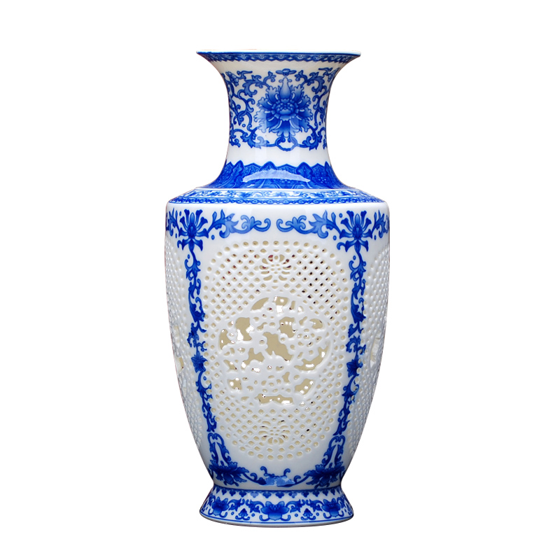 Jingdezhen ceramic thin tire hollow out blue and white vase ivory famille rose porcelain vase I and contracted household adornment furnishing articles