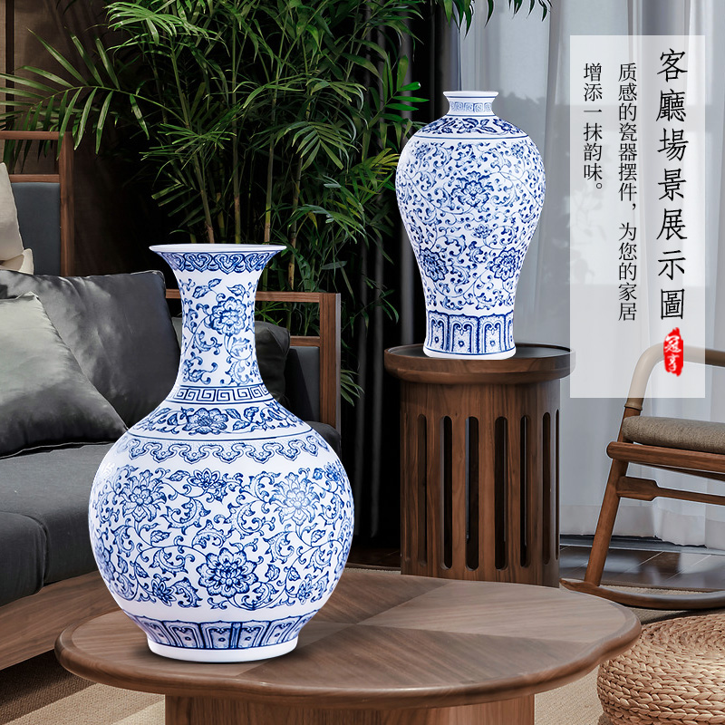 Jingdezhen ceramic vase large thin foetus pervious to light blue and white porcelain crafts antique decoration pieces of home decoration in the living room