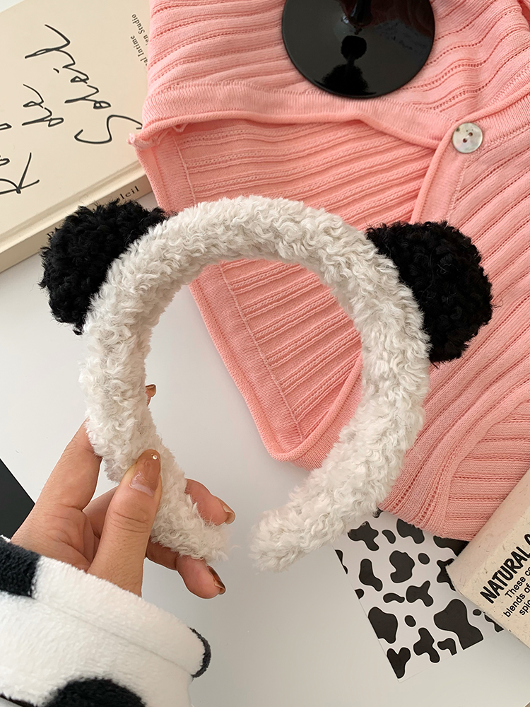 Black And White Contrast Color Panda Furry Headband Women 'S Autumn And Winter Wide Hairpin Korean Cute Super Cute Face Wash Hair Band Hair Accessories