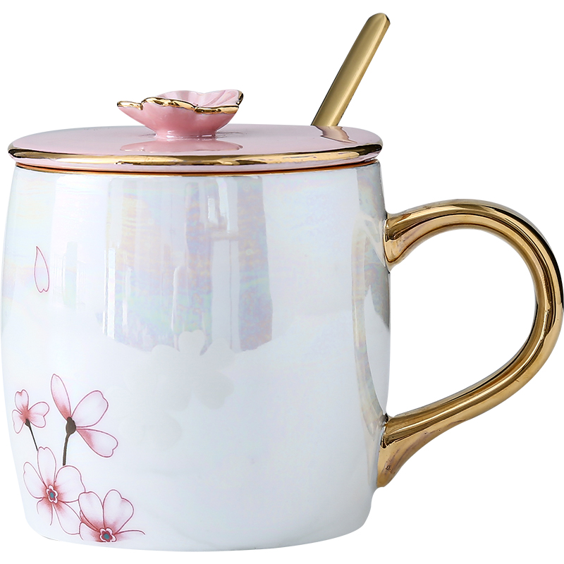 Shu of ins design dazzle see flamingos getting water pearl glaze ceramic keller cup coffee cup with cover with a spoon