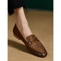 New style small leather shoes one-legged round-toe shoes womens genuine leather flat-soled metal buckle loafers British-style soft soles