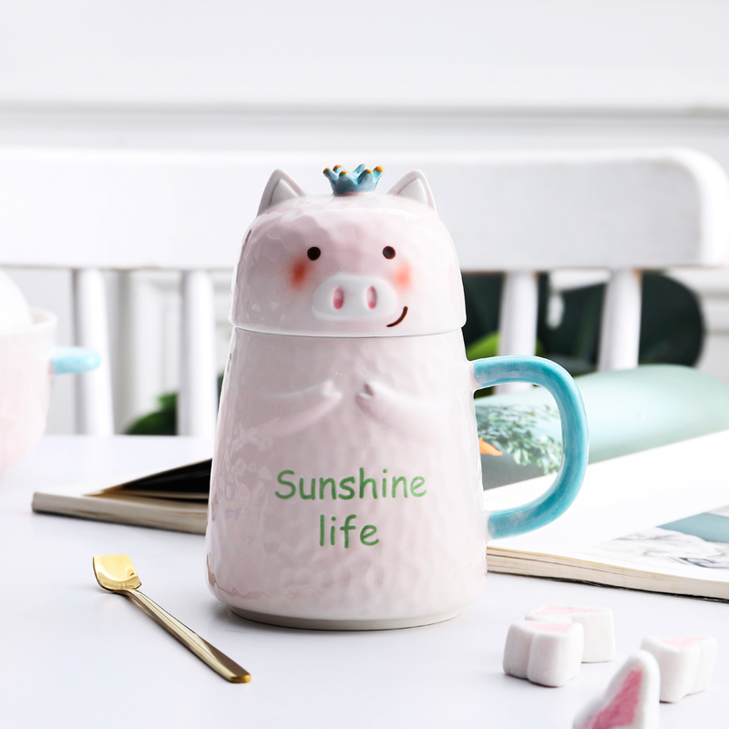 Ceramic cup female ins express cartoon super creative move trend of pig cup mark cup with cover