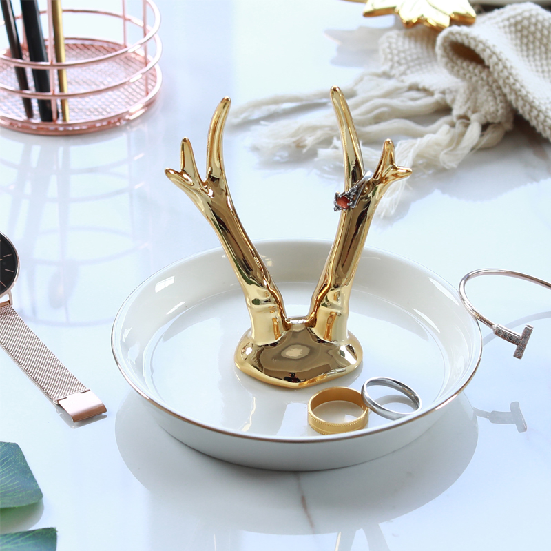 The Jingdezhen ceramic golden fawn/foreign trade tail single unicorn jewellery set/ring of snack tray