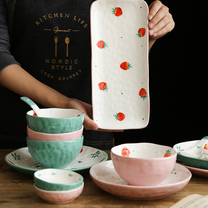 Li feng town strawberry tableware express girl bowl bowl suit consists of household ceramic package