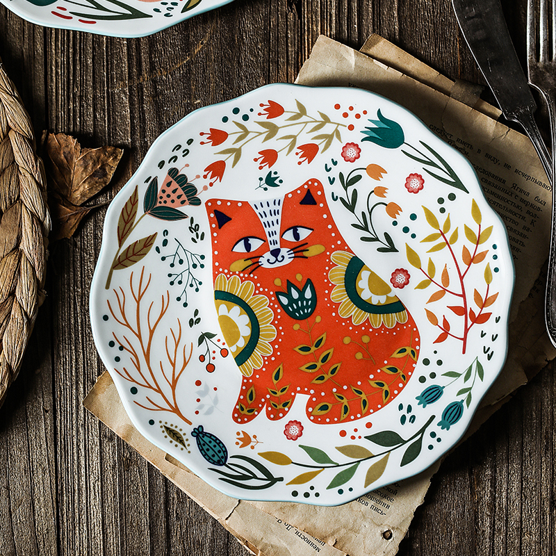 Boreal Europe style originality hand - drawn cartoon cat 0 8 inches snack plate flat the household ceramic plate