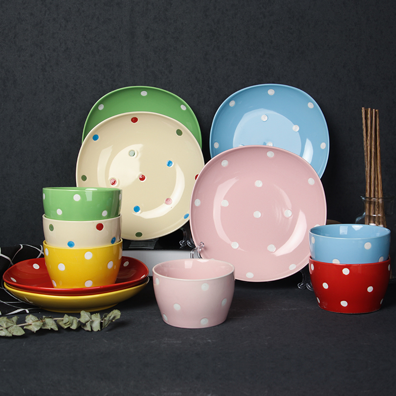 Polka dot dishes set household tableware dishes and plates combination rice bowl dish plate ceramic porcelain set 6 plates 6 bowls 6 chopsticks