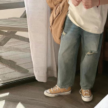 Pola Bora South Korean childrens clothing girl jeans Breaking Hole Foreign Air 2023 Spring Loaded Children Pants Boy Korean version