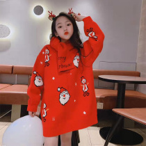 South Korean childrens clothing Christmas New Years red sweater girl 2021 new thickened outwear CUHK child cover headsweaters