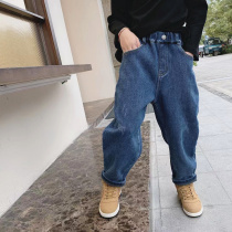 Korean Boy Clothing Children Plus Suede Jeans 2021 Winter Male Girl Composite Suede Pants Korean Version Old Daddy Pants