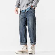 Straight jeans mens spring and autumn trousers loose small feet ankle-length pants washing trend loose Harlan casual pants