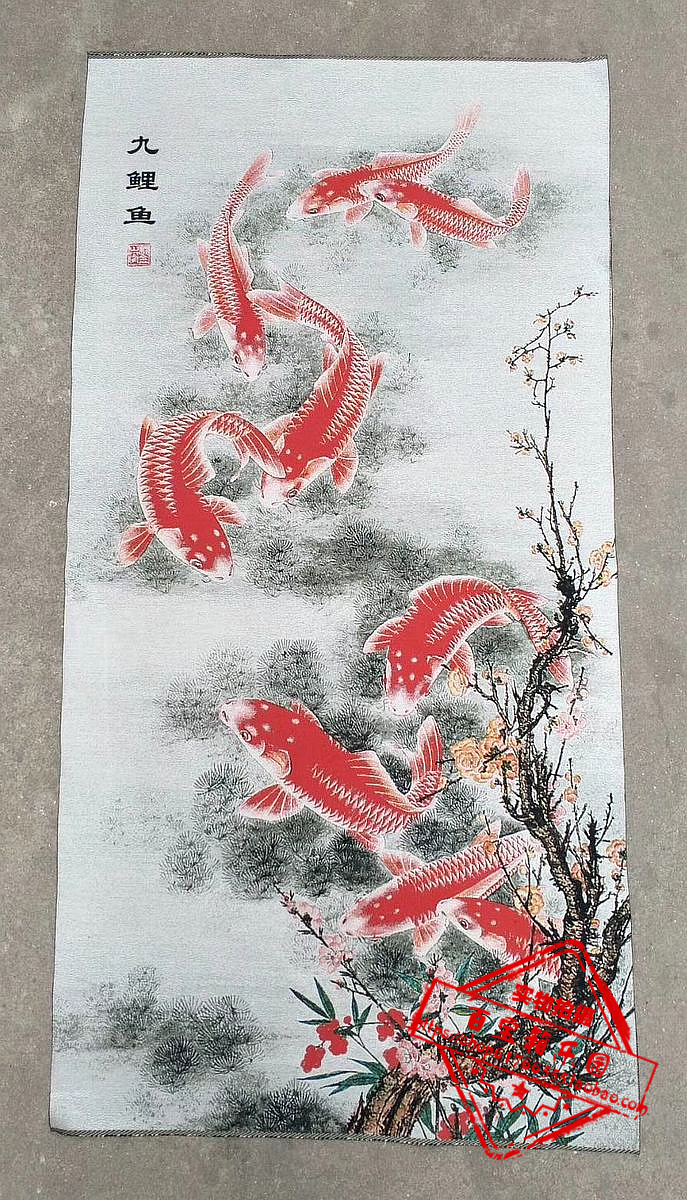 Ancient play Tangka gold silk embroidery brocade painting Su embroidery with more than nine fish picture living room hanging painting adornment