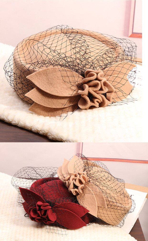 法式复古网纱贝雷帽女士优雅花朵羊毛呢空姐帽时尚名媛秋冬小礼帽