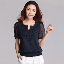 Large size womens short sleeve T-shirt 2020 summer clothes New Fat mm Korean version of crochet flower V-neck chiffon sleeve thin T-shirt women tide