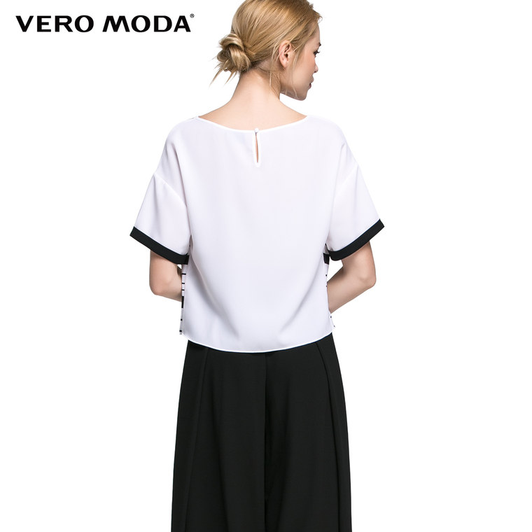 Vero Moda雪纺格纹拼接落肩袖雪纺衫|315241017