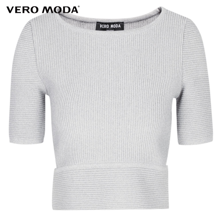 Vero Moda超弹螺纹面料圆领短袖侧镂空超短修身针织衫|315324018