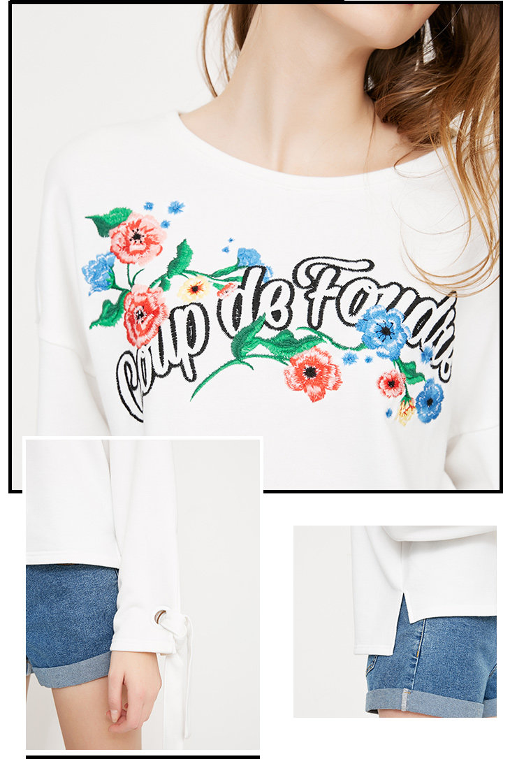 vero moda2018春季新款花朵字母刺绣设计落肩上衣
