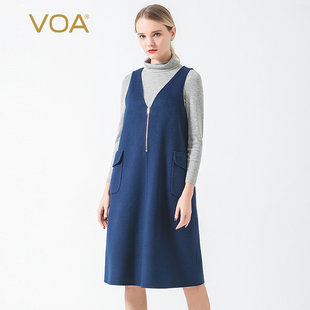VOA双面14.75微米小山羊绒金属拉链设计双口袋淑女时尚羊绒连衣裙