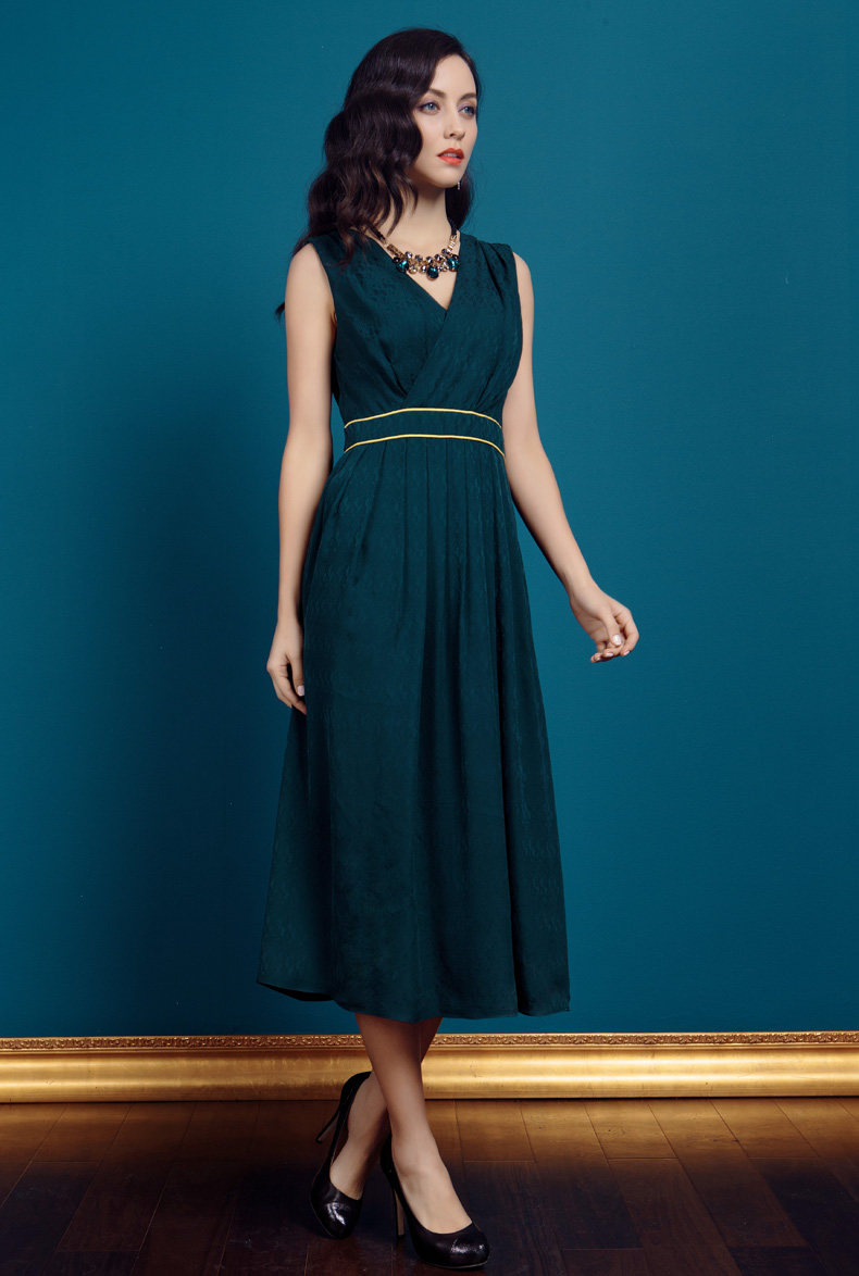 voa 孔雀绿真丝提花韩版连衣裙高腰肩褶无袖黄镶边工字褶连衣裙