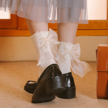 Fairy style bow socks heel female paired with Mary Jane small leather shoes princess lace white jk mid-tube lace